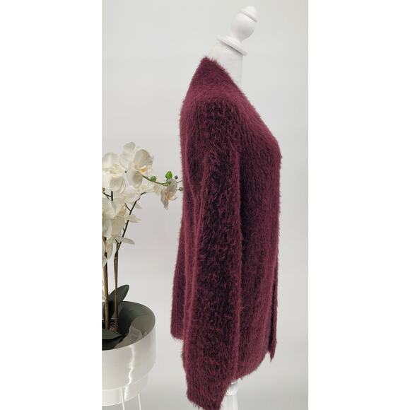 Love Tree Womens Burgundy Fuzzy Open Front Chic Outdoor Cardigan Sweater Medium - Picture 2 of 7